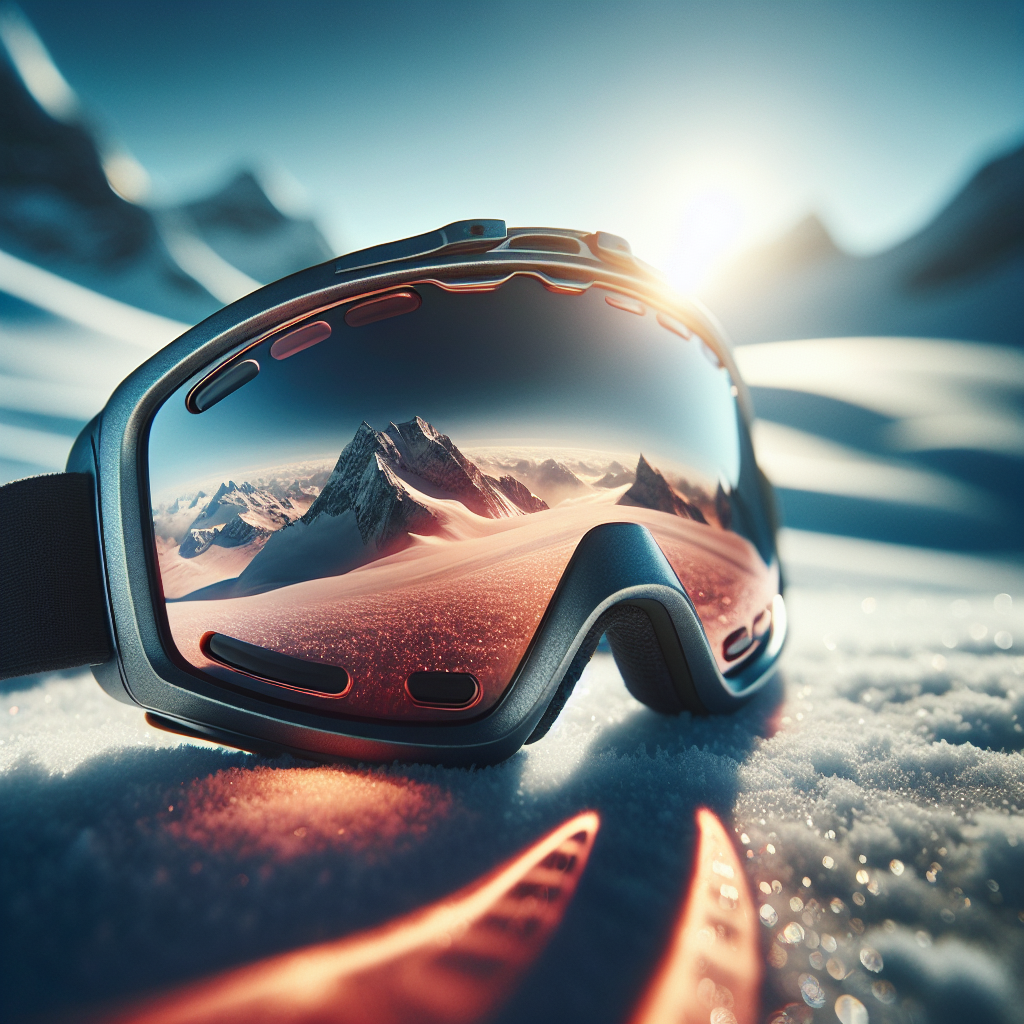 Nærbilde av polariserte skibriller liggende i snø med refleksjon av fjell og blå himmel, høy detaljgrad og realistisk lys