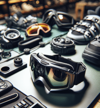 Nærbilde av skibriller og ekstra linser lagt ut på et salgbord i en skiutstyrsbutikk, klar, moderne stil, nordisk vinterfølelse