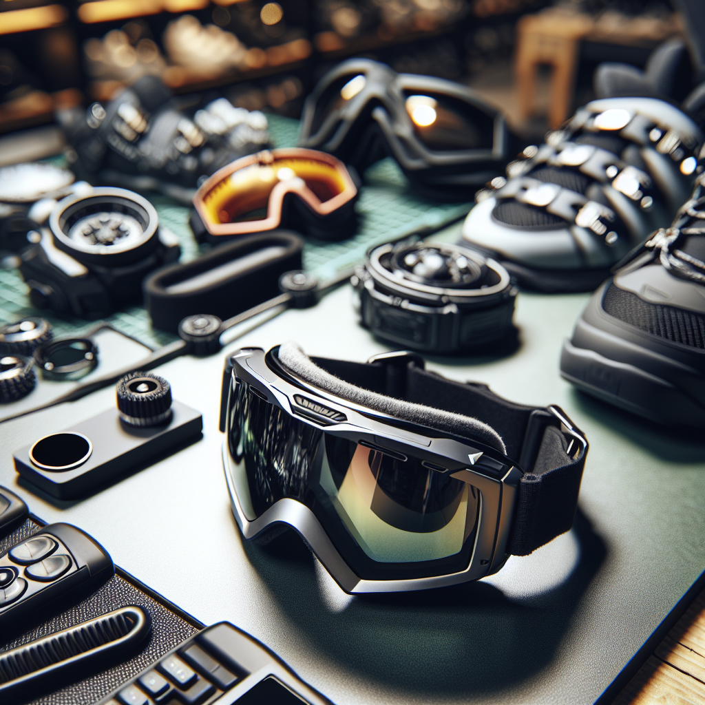 Nærbilde av skibriller og ekstra linser lagt ut på et salgbord i en skiutstyrsbutikk, klar, moderne stil, nordisk vinterfølelse