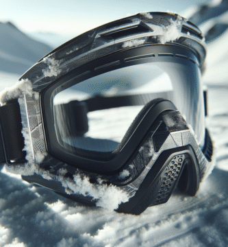 Nærbilde av moderne skibrille på snøbakke, fokus på ramme- og linsestruktur, teksturdetaljer, høy kontrast og naturlig lys