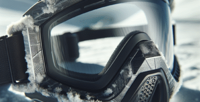 Nærbilde av moderne skibrille på snøbakke, fokus på ramme- og linsestruktur, teksturdetaljer, høy kontrast og naturlig lys