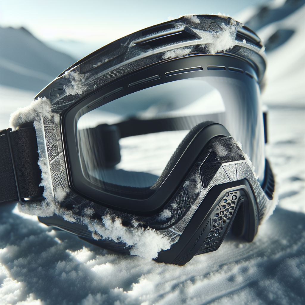 Nærbilde av moderne skibrille på snøbakke, fokus på ramme- og linsestruktur, teksturdetaljer, høy kontrast og naturlig lys