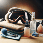 Nærbilde av skibriller på et trepanel, med et profesjonelt rensekit ved siden av: mikrofiberkluter, liten blåseball, flaske med optikk-spray og et mykt etui, klart lys, vintertema