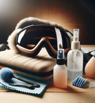 Nærbilde av skibriller på et trepanel, med et profesjonelt rensekit ved siden av: mikrofiberkluter, liten blåseball, flaske med optikk-spray og et mykt etui, klart lys, vintertema