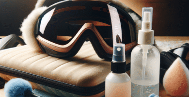 Nærbilde av skibriller på et trepanel, med et profesjonelt rensekit ved siden av: mikrofiberkluter, liten blåseball, flaske med optikk-spray og et mykt etui, klart lys, vintertema