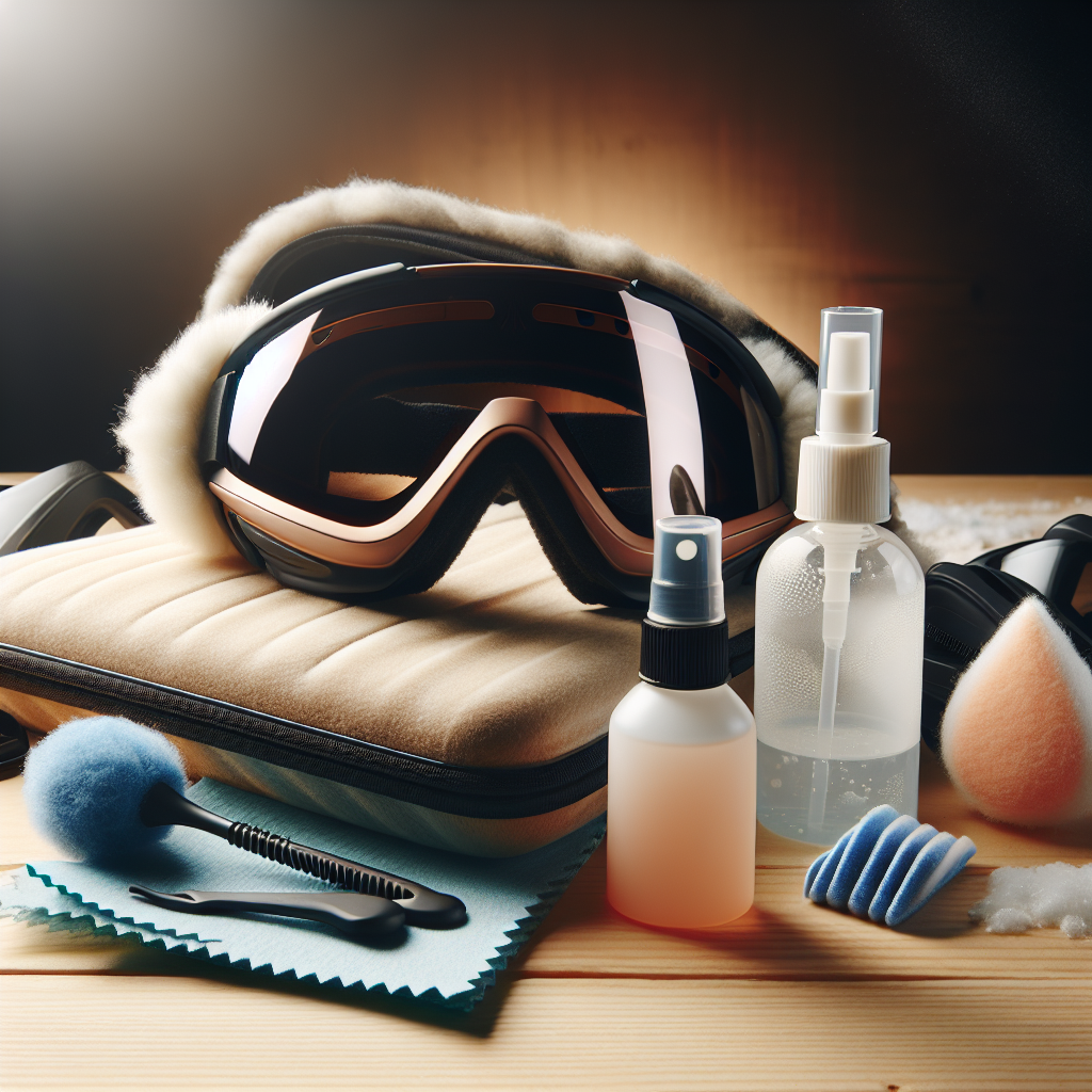 Nærbilde av skibriller på et trepanel, med et profesjonelt rensekit ved siden av: mikrofiberkluter, liten blåseball, flaske med optikk-spray og et mykt etui, klart lys, vintertema