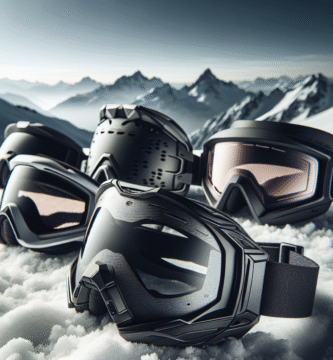 Nærbilde av moderne skibriller fra ulike merker liggende på snø med fjell i bakgrunnen, høykontrast og detaljrik produktfotografering