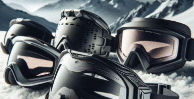 Nærbilde av moderne skibriller fra ulike merker liggende på snø med fjell i bakgrunnen, høykontrast og detaljrik produktfotografering