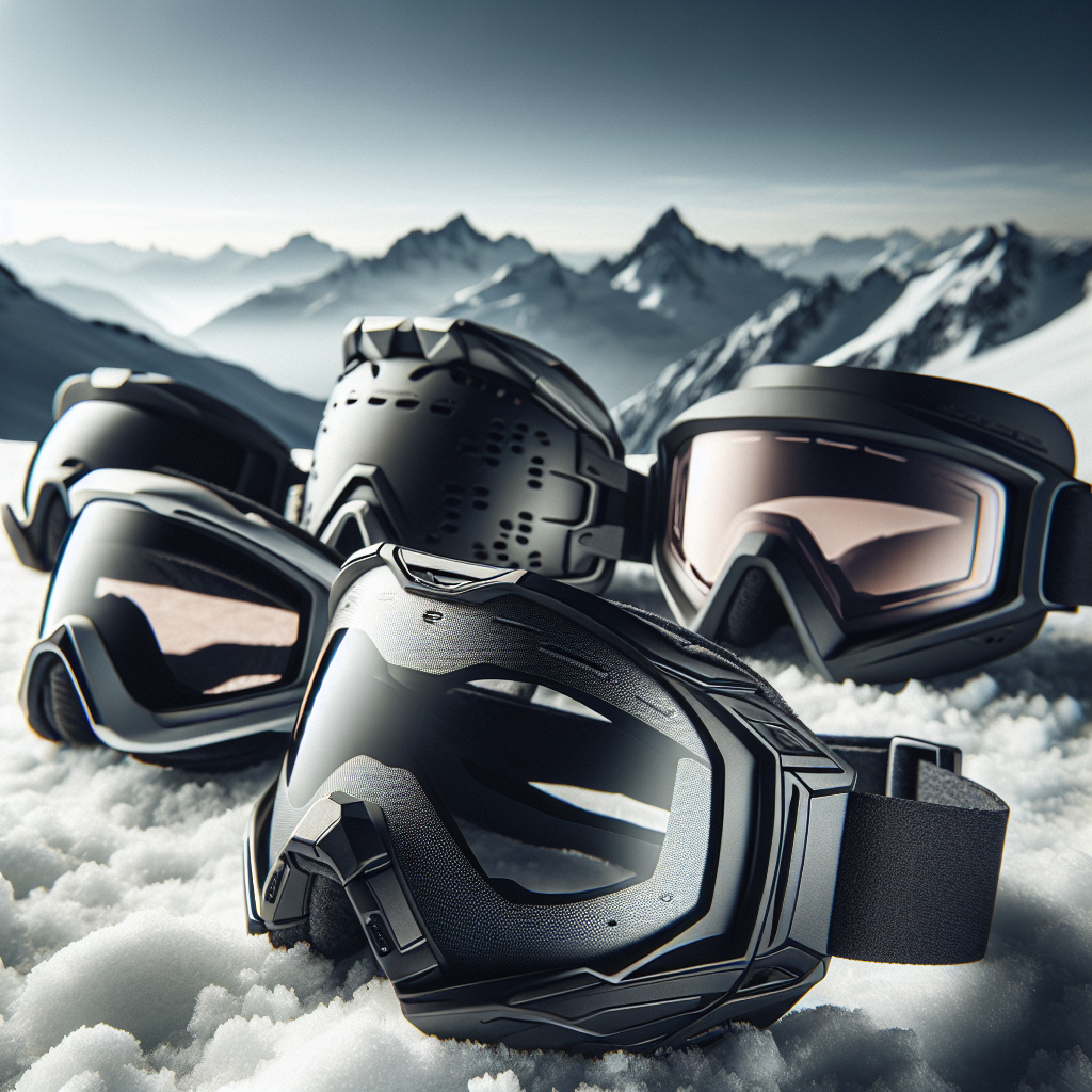 Nærbilde av moderne skibriller fra ulike merker liggende på snø med fjell i bakgrunnen, høykontrast og detaljrik produktfotografering