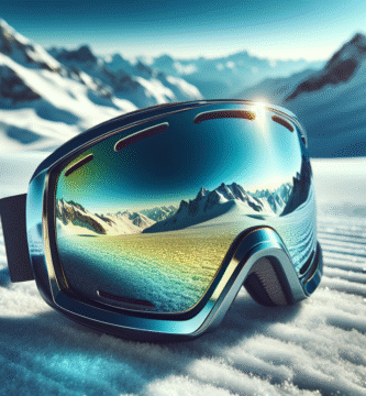 Nærbilde av polariserte skibriller liggende på snø med fjell i bakgrunnen, klar blå himmel, refleksjoner i linsen, moderne stil, høy detaljgrad