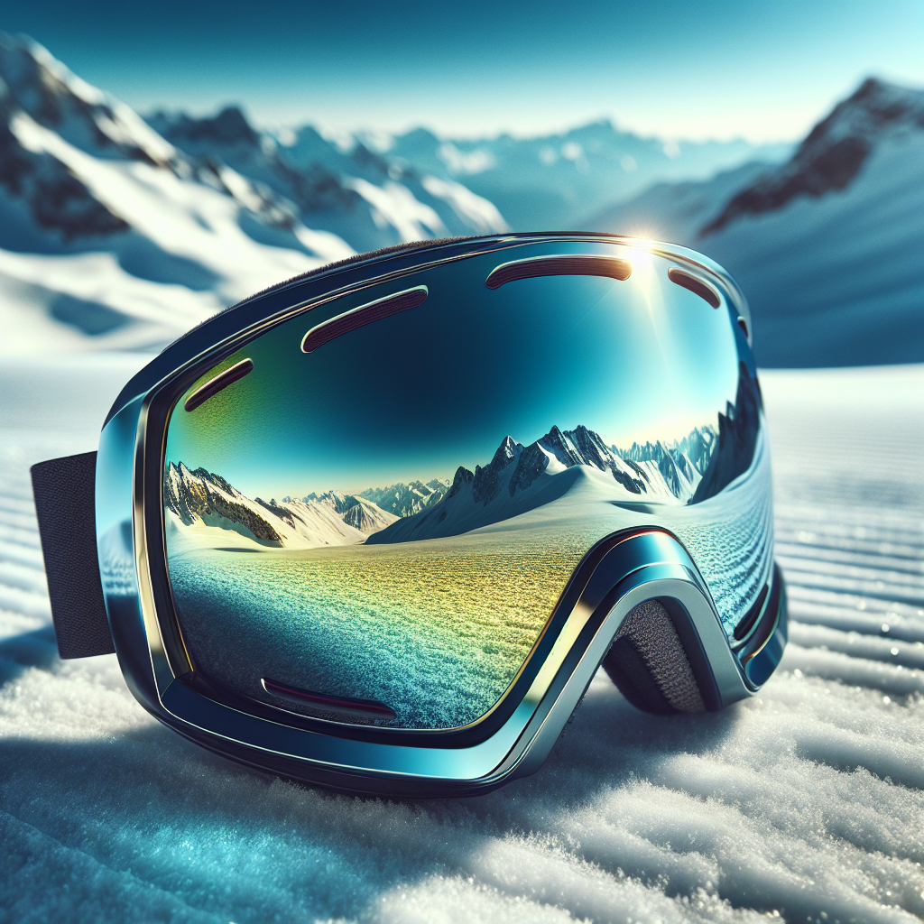 Nærbilde av polariserte skibriller liggende på snø med fjell i bakgrunnen, klar blå himmel, refleksjoner i linsen, moderne stil, høy detaljgrad
