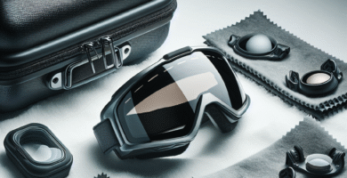 Nærbilde av skibriller, reserve-linser, mikrofiberklut og et robust etui på snøbakgrunn, klart lys, moderne minimalistisk stil