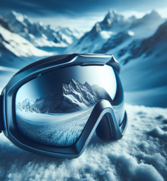 Nærbilde av moderne Spy skibriller med speillinse, snødekte fjell i bakgrunnen, kald blåtonet lys, høy oppløsning