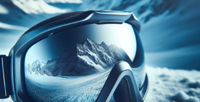 Nærbilde av moderne Spy skibriller med speillinse, snødekte fjell i bakgrunnen, kald blåtonet lys, høy oppløsning