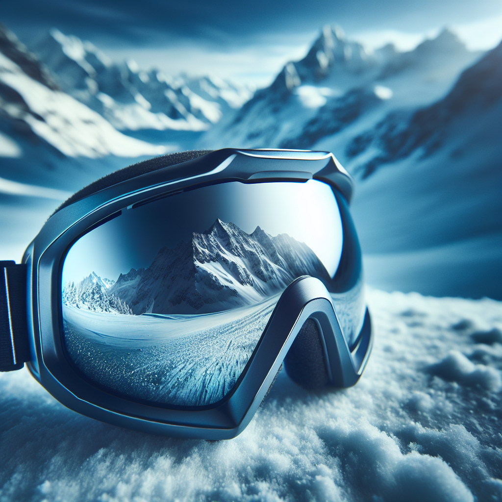 Nærbilde av moderne Spy skibriller med speillinse, snødekte fjell i bakgrunnen, kald blåtonet lys, høy oppløsning