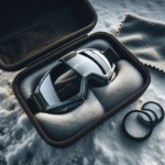 Nærbilde av et par skibriller lagt i en polstret pose på snø, med ekstra linser og en myk mikrofiberklut ved siden av, kald naturlig belysning