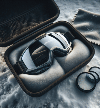 Nærbilde av et par skibriller lagt i en polstret pose på snø, med ekstra linser og en myk mikrofiberklut ved siden av, kald naturlig belysning