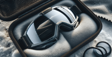 Nærbilde av et par skibriller lagt i en polstret pose på snø, med ekstra linser og en myk mikrofiberklut ved siden av, kald naturlig belysning