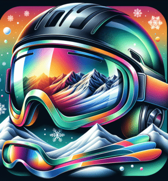 Fargerike skibriller med kontrastfarger, speillinse, matchende hjelm og snødekt fjellandskap i bakgrunnen, moderne stil