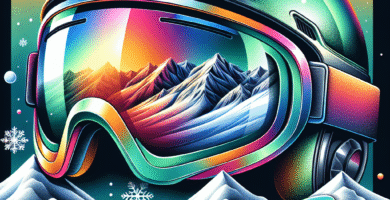 Fargerike skibriller med kontrastfarger, speillinse, matchende hjelm og snødekt fjellandskap i bakgrunnen, moderne stil