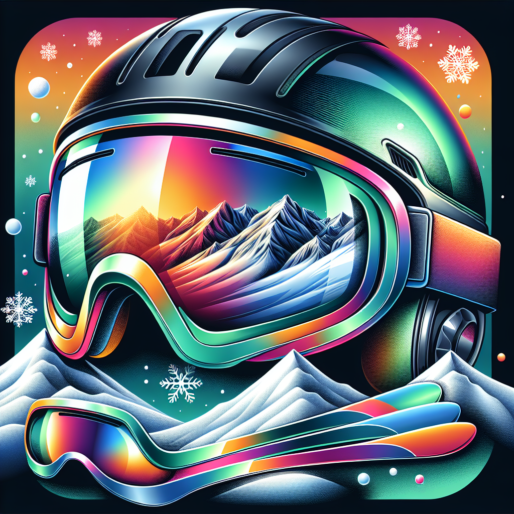 Fargerike skibriller med kontrastfarger, speillinse, matchende hjelm og snødekt fjellandskap i bakgrunnen, moderne stil