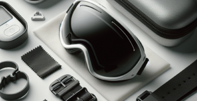 Nærbilde av moderne skibriller med tilbehør rundt: etui, mikrofiberklut, reserve-linse og stropp på snødekt bakgrunn, klar og stilren estetikk