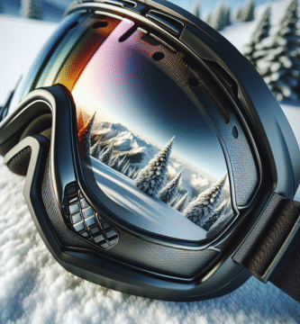 Nærbilde av Spy skibriller med utbyttbar linse på hvit snøbakgrunn, fokus på linsetekstur og refleksjon, moderne sportstil, høy detaljrikdom