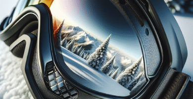 Nærbilde av Spy skibriller med utbyttbar linse på hvit snøbakgrunn, fokus på linsetekstur og refleksjon, moderne sportstil, høy detaljrikdom