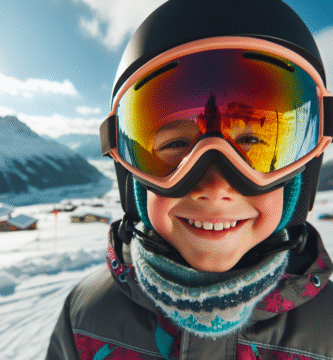 Nærbilde av et barn som smiler i snøen med fargerike skibriller, god passform mot hjelmen, klar himmel og snødekte fjell i bakgrunnen