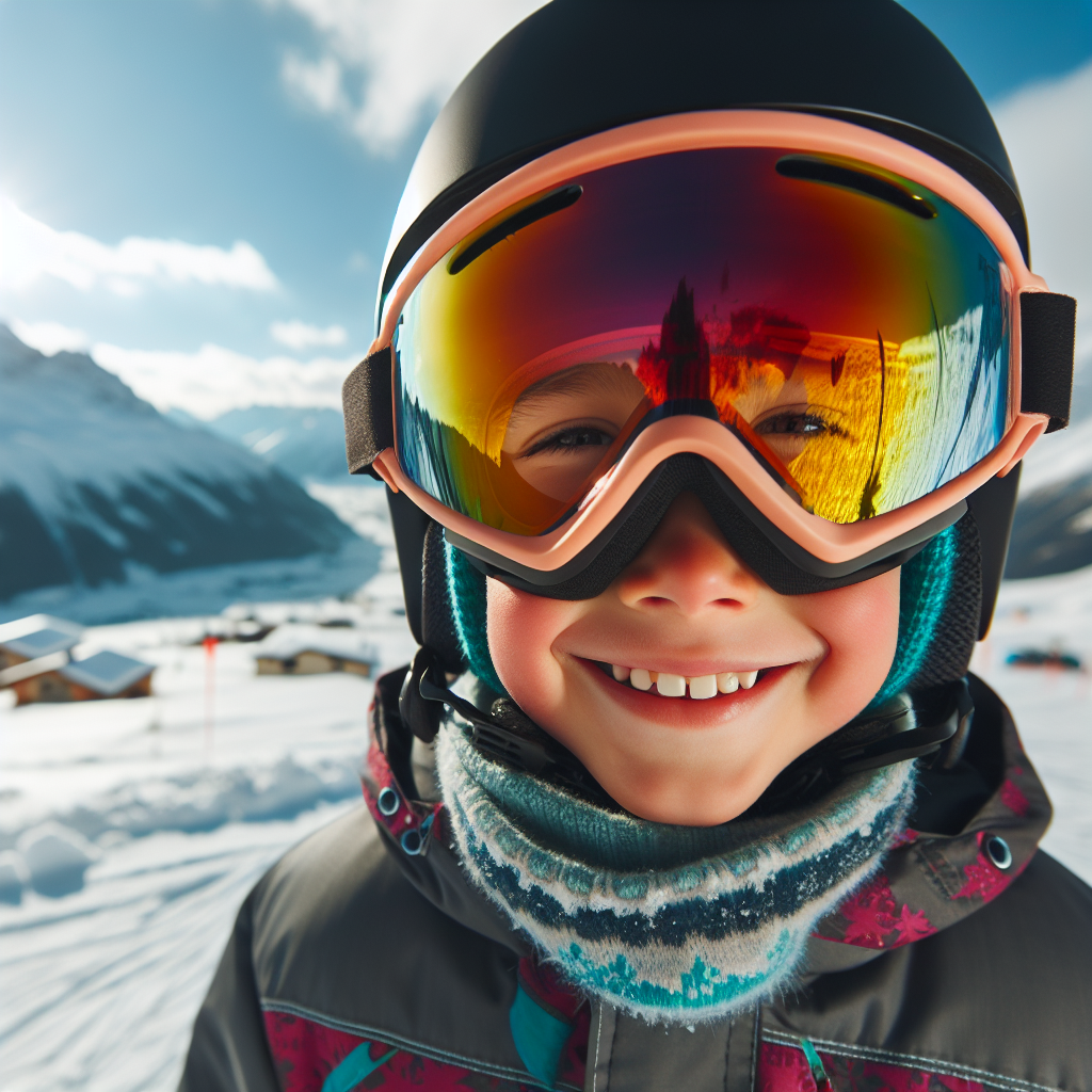 Nærbilde av et barn som smiler i snøen med fargerike skibriller, god passform mot hjelmen, klar himmel og snødekte fjell i bakgrunnen