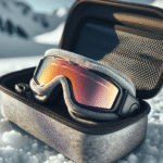 Nærbilde av en skibrille i en myk microfiber-brillepose og et solid etui på snøbakgrunn, naturlig lys, moderne og rent uttrykk