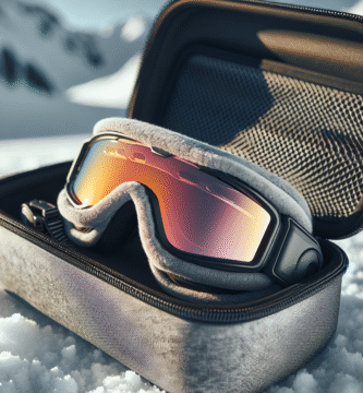 Nærbilde av en skibrille i en myk microfiber-brillepose og et solid etui på snøbakgrunn, naturlig lys, moderne og rent uttrykk