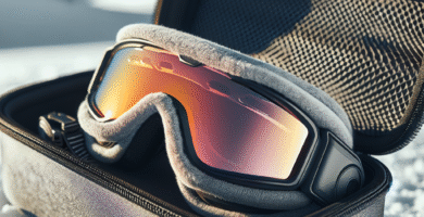 Nærbilde av en skibrille i en myk microfiber-brillepose og et solid etui på snøbakgrunn, naturlig lys, moderne og rent uttrykk