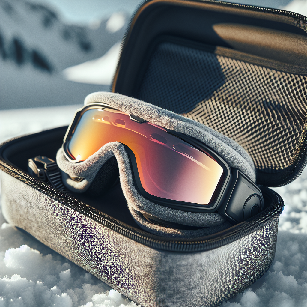 Nærbilde av en skibrille i en myk microfiber-brillepose og et solid etui på snøbakgrunn, naturlig lys, moderne og rent uttrykk