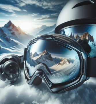 Nærbilde av moderne skibriller med reflekterende linse, snødekte fjell i bakgrunnen og en skihjelm ved siden av, klar, høy kontrast, vinterlys