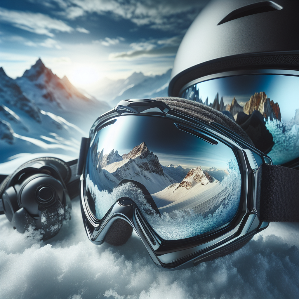 Nærbilde av moderne skibriller med reflekterende linse, snødekte fjell i bakgrunnen og en skihjelm ved siden av, klar, høy kontrast, vinterlys